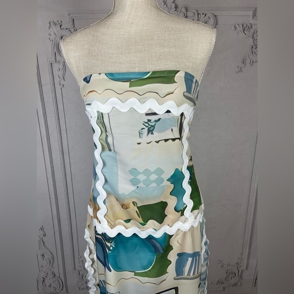 Casual Ribbon Trim Tile Print Tuscany Floral Strapless Bohemian Dress - Picture 5 of 13